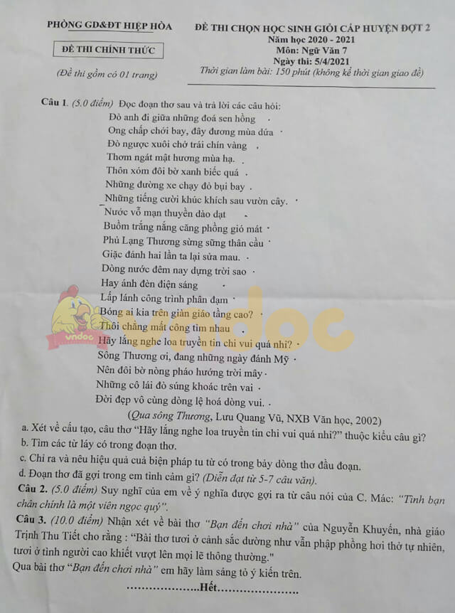 Đề thi hsg Văn 7