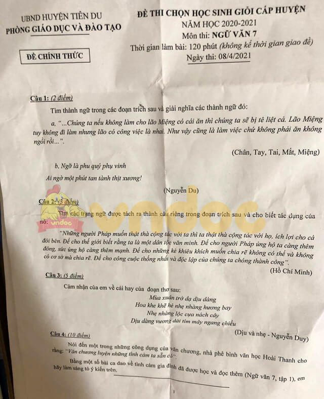 Đề thi hsg Văn 7