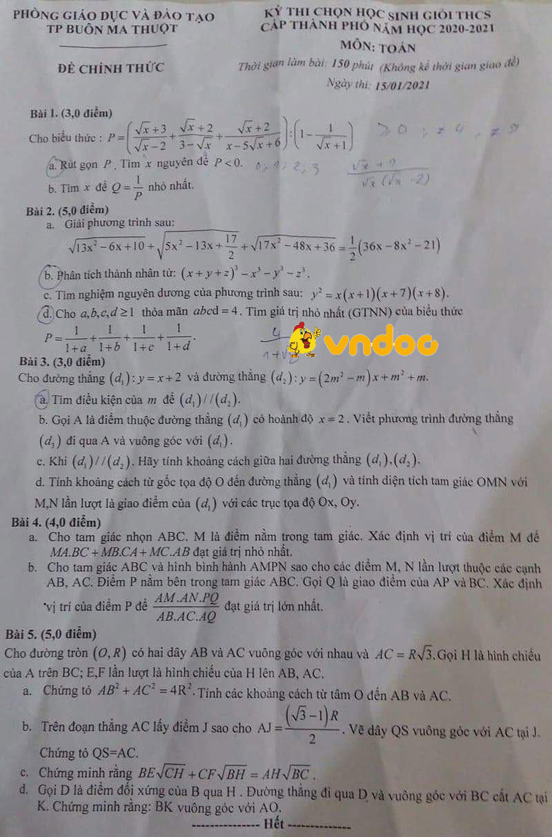 Đề thi chọn học sinh giỏi lớp 9 môn Toán Phòng GD&ĐT Buôn Ma Thuột, Đắk Lắk năm 2020 - 2021
