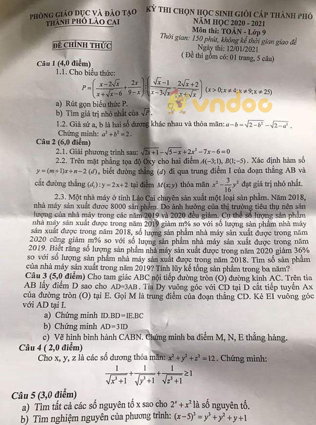 Đề thi chọn học sinh giỏi lớp 9 môn Toán Phòng GD&ĐT Lào Cai năm 2020 - 2021