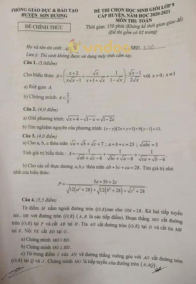 Đề thi chọn học sinh giỏi lớp 9 môn Toán Phòng GD&ĐT Sơn Dương, Tuyên Quang năm 2020 - 2021