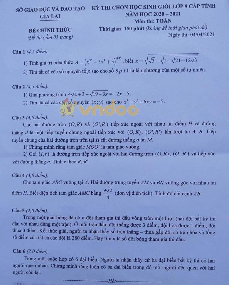 Đề thi chọn học sinh giỏi lớp 9 môn Toán Sở GD&ĐT Gia Lai năm 2020 - 2021