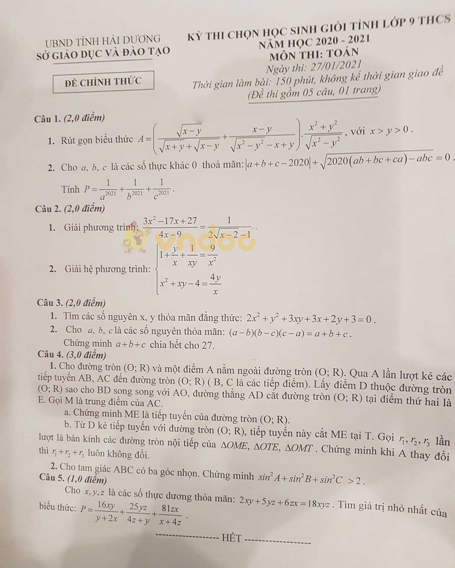 Đề thi chọn học sinh giỏi lớp 9 môn Toán Sở GD&ĐT Hải Dương năm 2020 - 2021
