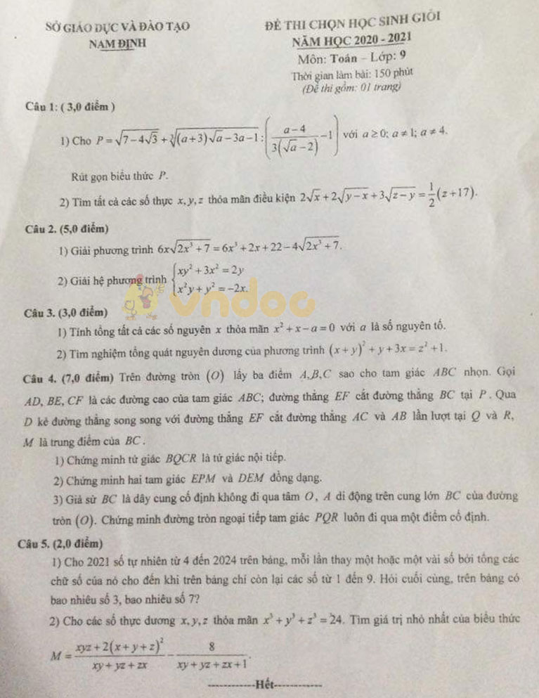 Đề thi chọn học sinh giỏi lớp 9 môn Toán Sở GD&ĐT Nam Định năm 2020 - 2021