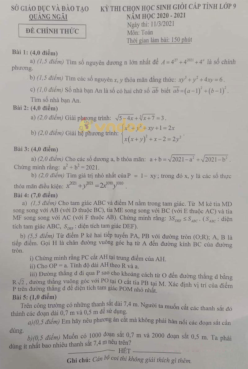 Đề thi chọn học sinh giỏi lớp 9 môn Toán Sở GD&ĐT Quảng Ngãi năm 2020 - 2021