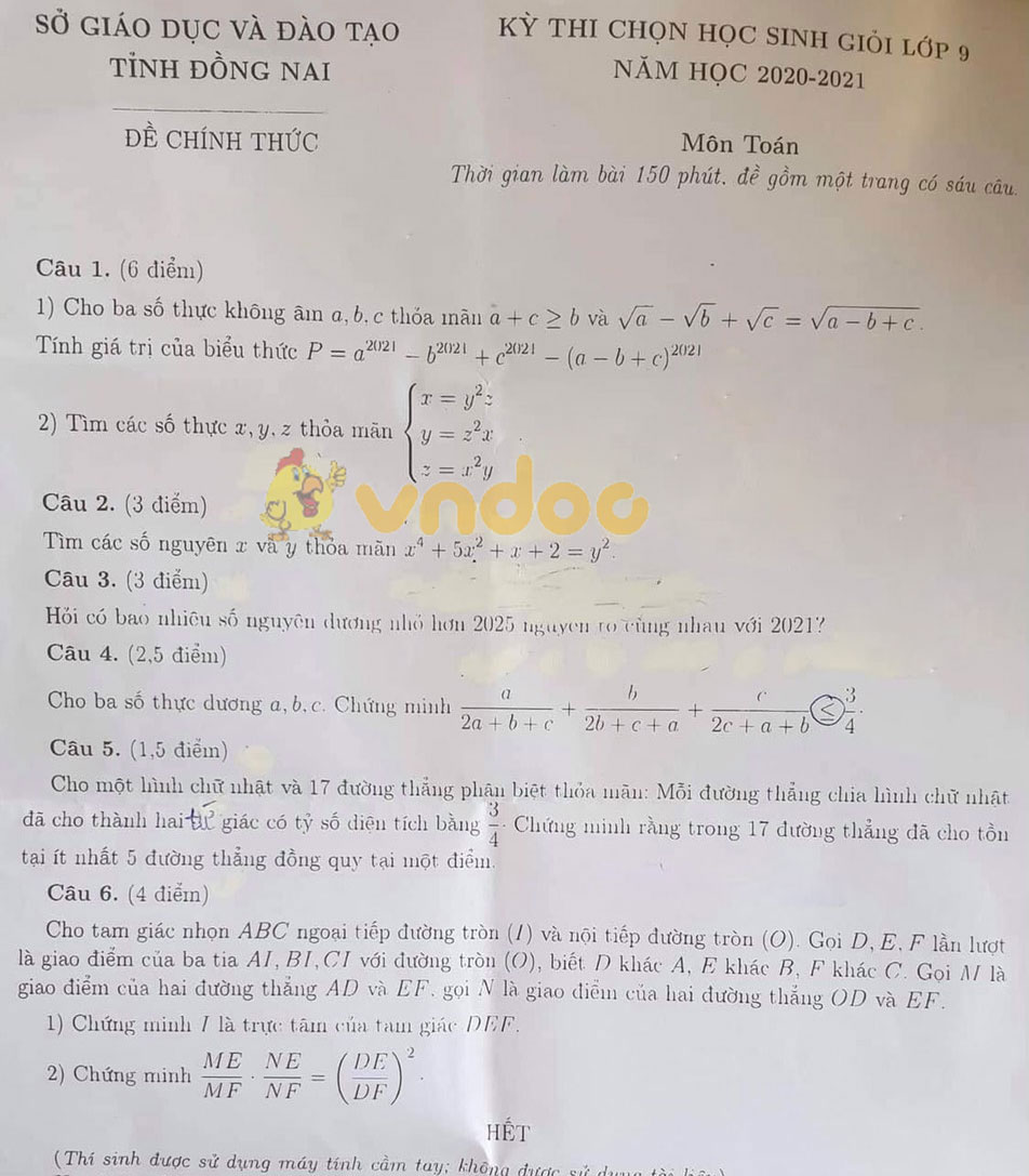 Đề thi chọn học sinh giỏi lớp 9 môn Toán Sở GD&ĐT tỉnh Đồng Nai năm 2020 - 2021
