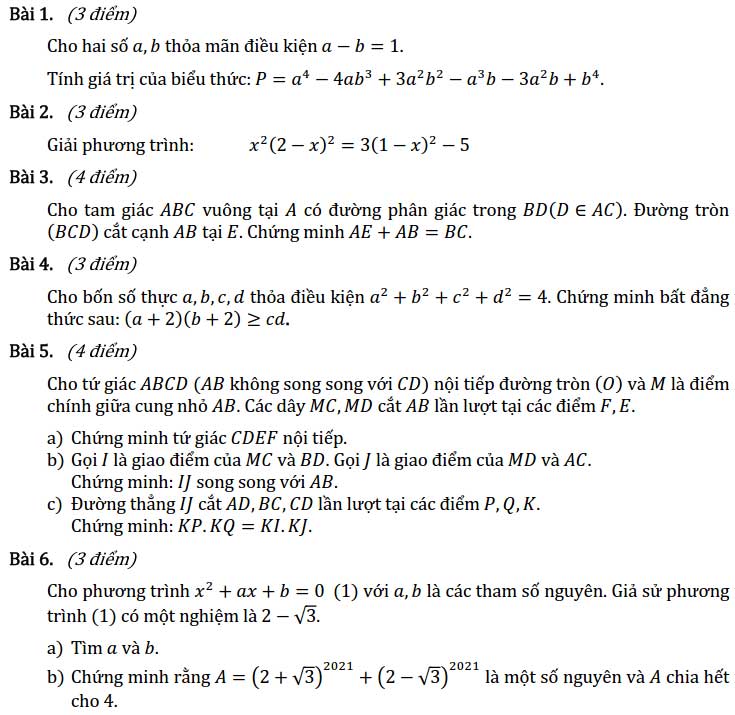 Đề thi chọn học sinh giỏi lớp 9 môn Toán Sở GD&ĐT TP HCM năm 2020 - 2021