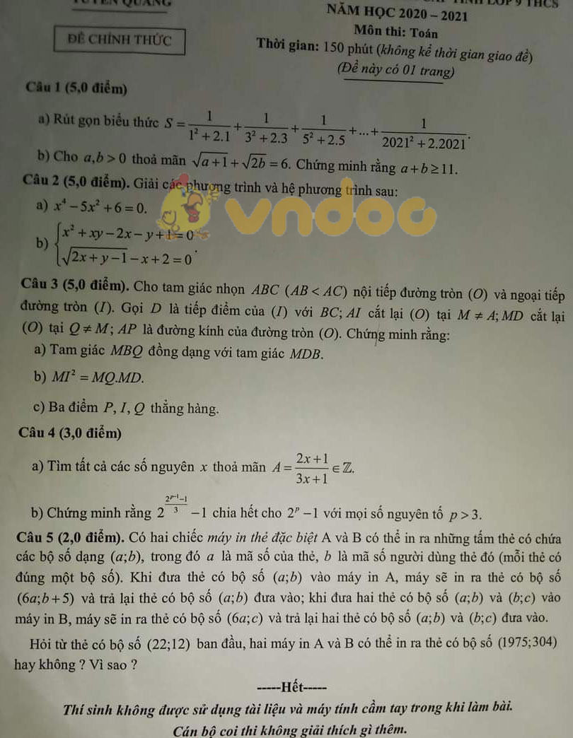 Đề thi chọn học sinh giỏi lớp 9 môn Toán Sở GD&ĐT Tuyên Quang năm 2020 - 2021