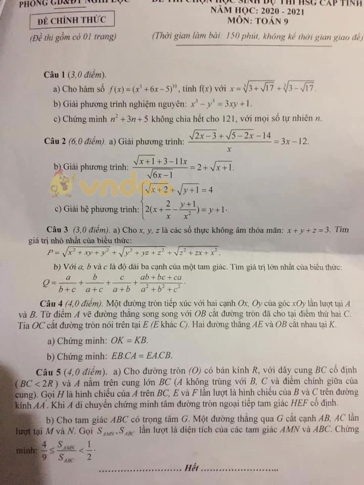 Đề thi chọn học sinh giỏi lớp 9 cấp tỉnh môn Toán Phòng GD&ĐT Nghi Lộc năm 2020 - 2021