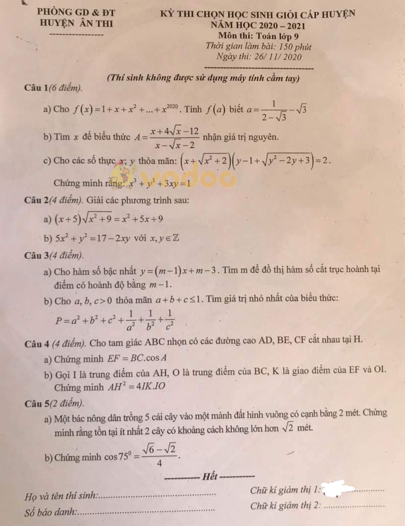 Đề thi chọn học sinh giỏi lớp 9 môn Toán Phòng GD&ĐT huyện Ân Thi năm 2020 - 2021