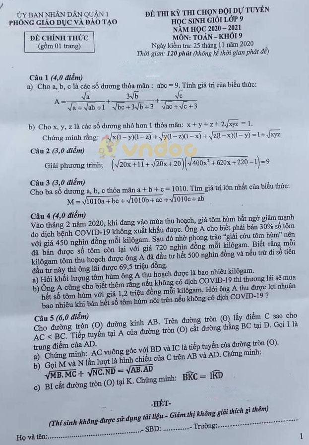 Đề thi chọn học sinh giỏi lớp 9 môn Toán Phòng GD&ĐT Quận 1 năm 2020 - 2021