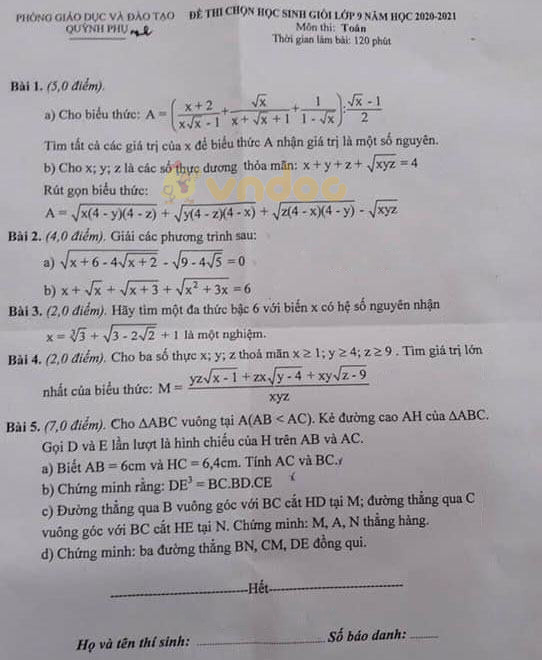 Đề thi chọn học sinh giỏi lớp 9 môn Toán Phòng GD&ĐT Quỳnh Phụ năm 2020 - 2021