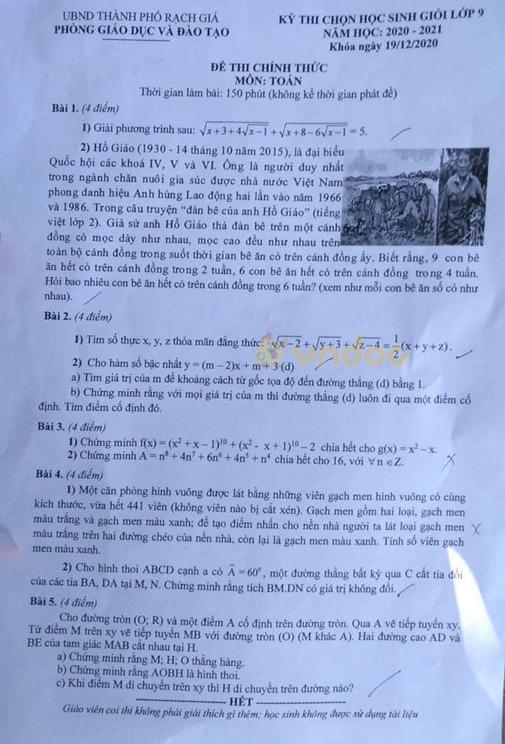 Đề thi chọn học sinh giỏi lớp 9 môn Toán Phòng GD&ĐT Rạch Giá, Kiên Giang năm 2020 - 2021