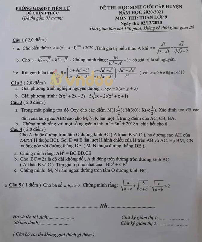 Đề thi chọn học sinh giỏi lớp 9 môn Toán Phòng GD&ĐT Tiên Lữ, tỉnh Hưng Yên năm 2020 - 2021