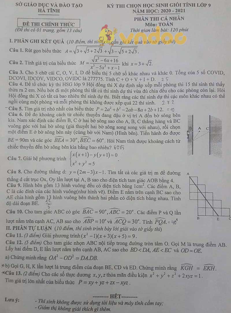 Đề thi chọn học sinh giỏi lớp 9 môn Toán Sở GD&ĐT Hà Tĩnh năm 2020 - 2021