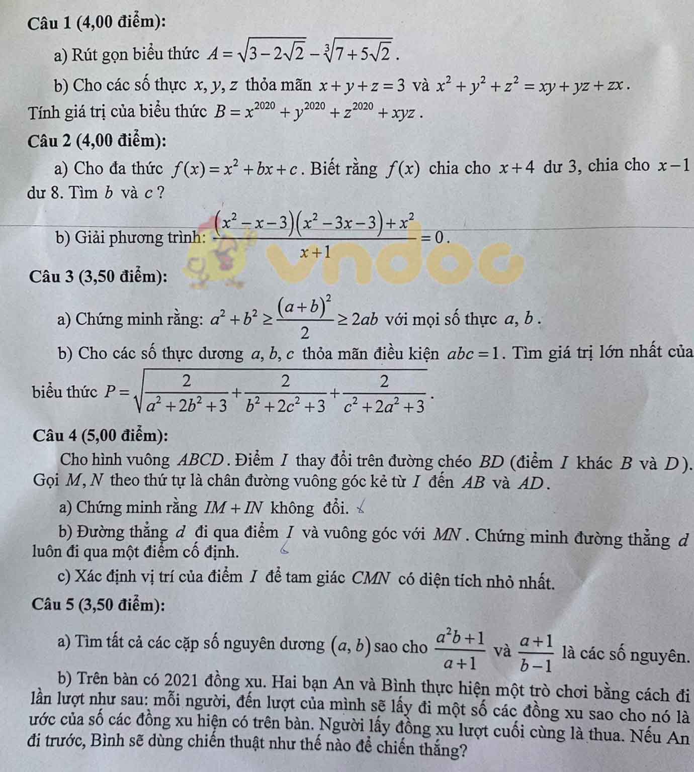 Đề thi chọn học sinh giỏi lớp 9 môn Toán Sở GD&ĐT Khánh Hòa năm 2020 - 2021