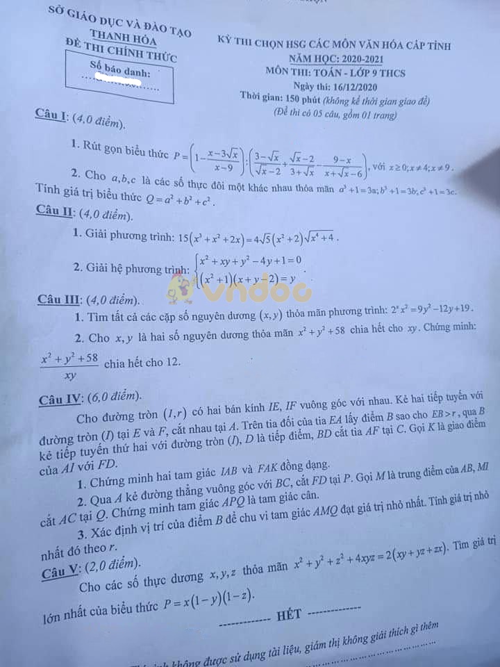 Đề thi chọn học sinh giỏi lớp 9 môn Toán Sở GD&ĐT Thanh Hóa năm 2020 - 2021
