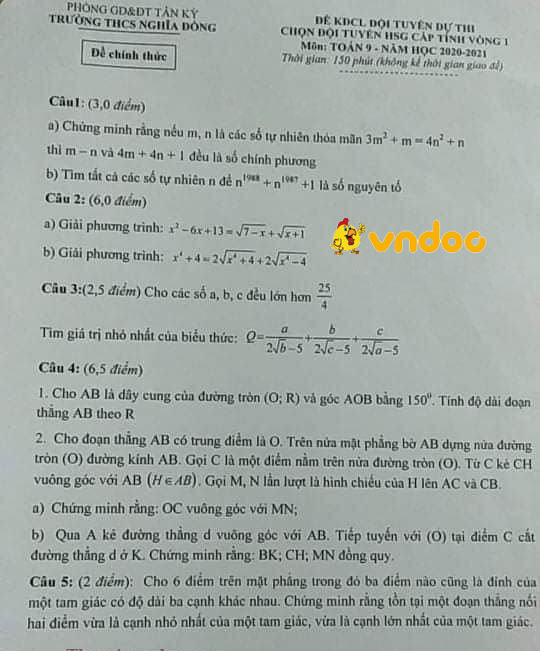 Đề thi chọn học sinh giỏi lớp 9 môn Toán Trường THCS Nghĩa Đồng năm 2020 - 2021 (vòng 1)