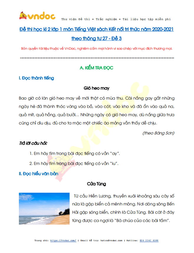 Đề thi học kì 2 lớp 1 môn Tiếng Việt sách Kết nối tri thức năm 2020-2021 theo Thông tư 27 - Đề 3