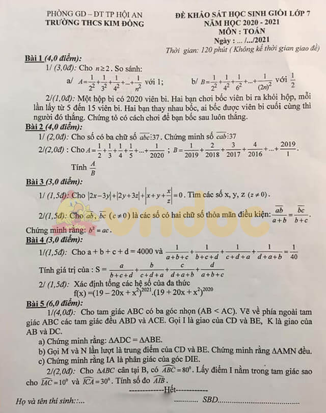 Đề thi học sinh giỏi cấp huyện lớp 7 môn Toán