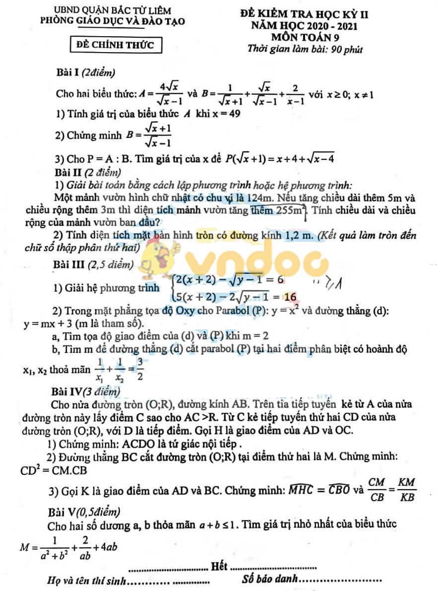 Đề thi học kì 2 Toán 9 Phòng GD&ĐT Bắc Từ Liêm năm 2020 - 2021