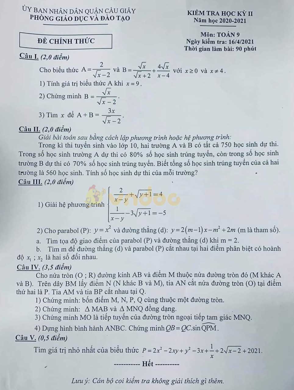 Đề thi học kì 2 Toán 9 Phòng GD&ĐT quận Cầu Giấy năm 2020 - 2021