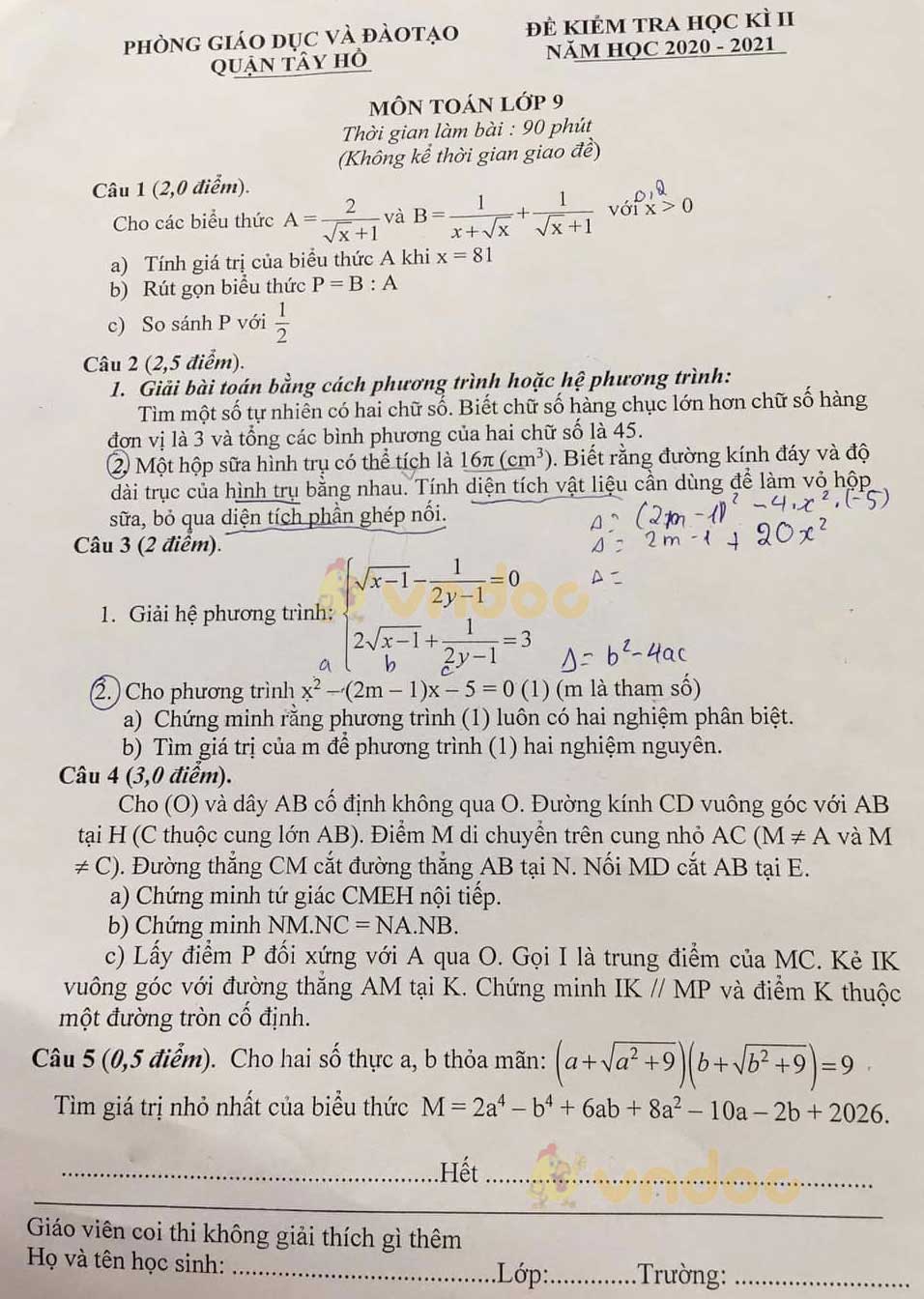 Đề thi học kì 2 Toán 9 Phòng GD&ĐT Tây Hồ năm 2020 - 2021
