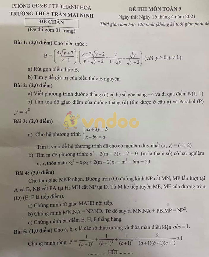 Đề thi học kì 2 Toán 9 trường THCS Trần Mai Ninh, Thanh Hóa năm 2020 - 2021