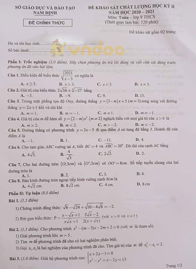 Đề thi KSCL học kì 2 môn Toán 9 sở GD&ĐT Nam Định năm 2020 - 2021