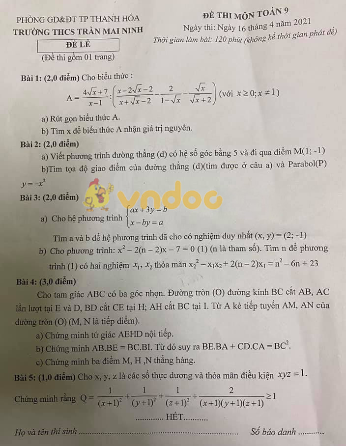 Đề thi học kì 2 Toán 9 trường THCS Trần Mai Ninh, Thanh Hóa năm 2020 - 2021