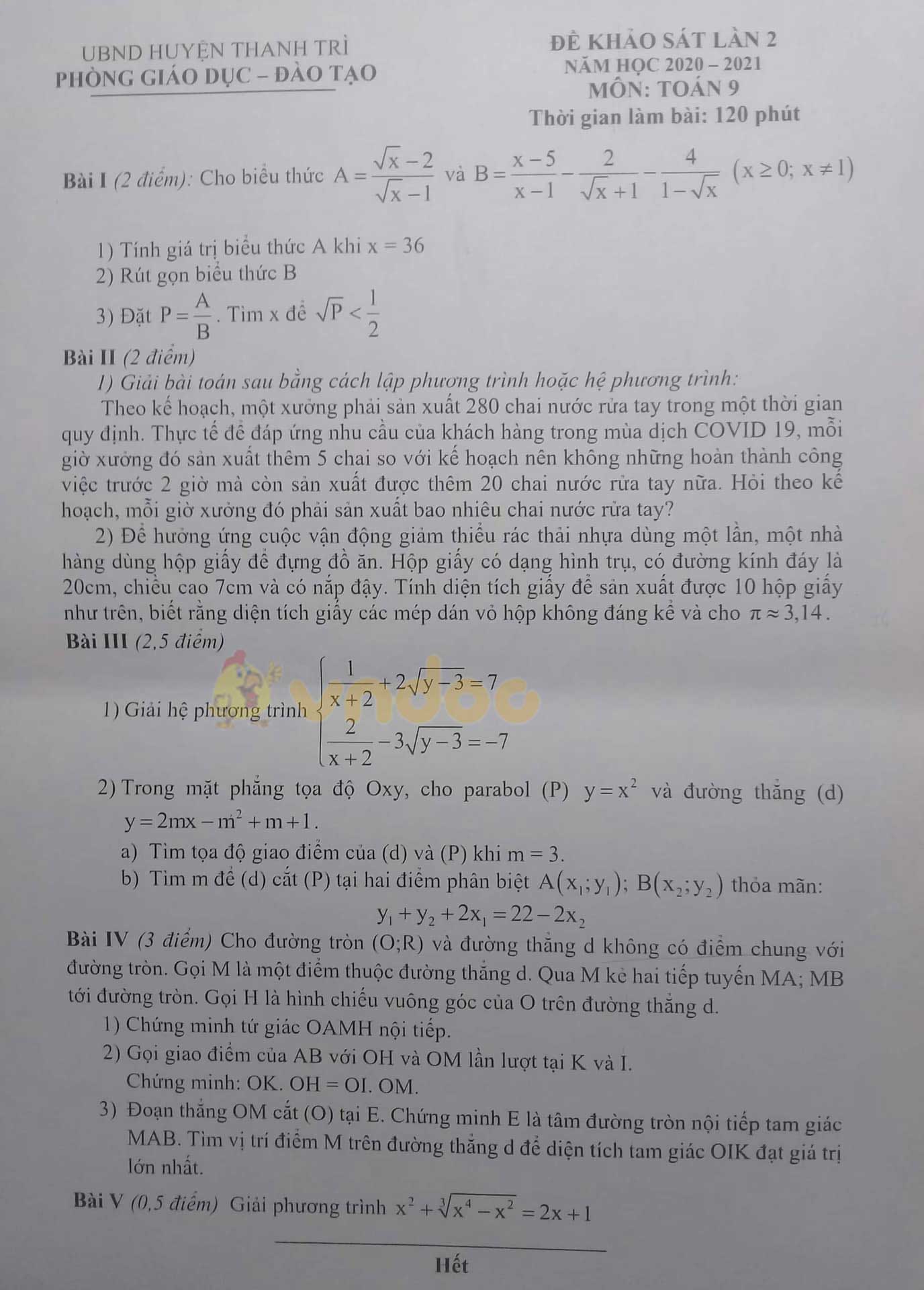 Đề thi thử vào lớp 10 môn Toán Phòng GD&ĐT huyện Thanh Trì năm 2020 - 2021 (lần 2)