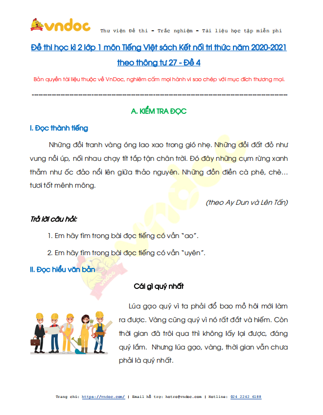 Đề thi học kì 2 lớp 1 môn Tiếng Việt sách Kết nối tri thức năm 2020-2021 theo Thông tư 27 - Đề 4