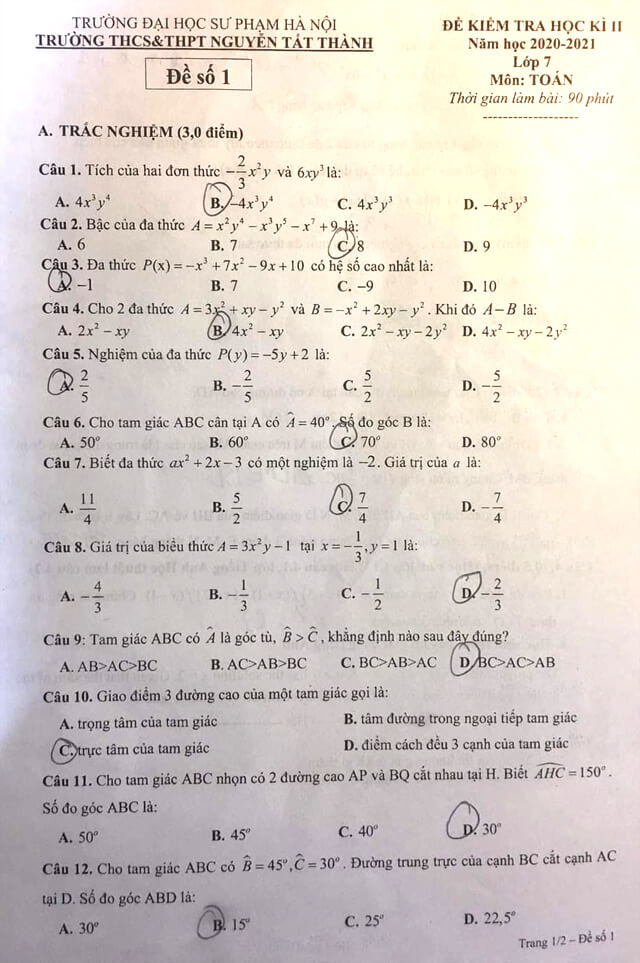 Đề thi hk2 Toán 7