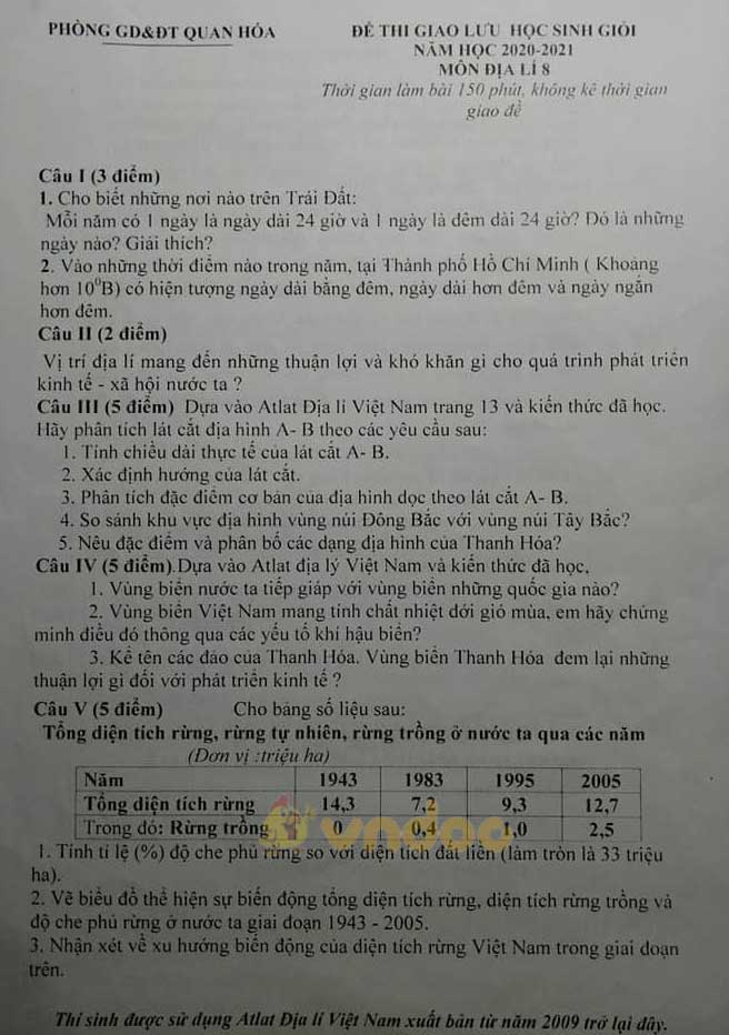 Đề thi học sinh giỏi lớp 8 môn Địa lý Phòng GD&ĐT Quan Hóa năm 2020 - 2021