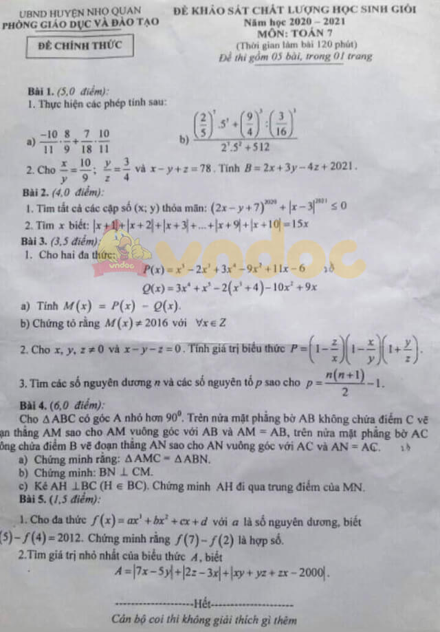 Đề thi học sinh giỏi cấp huyện lớp 7 môn Toán