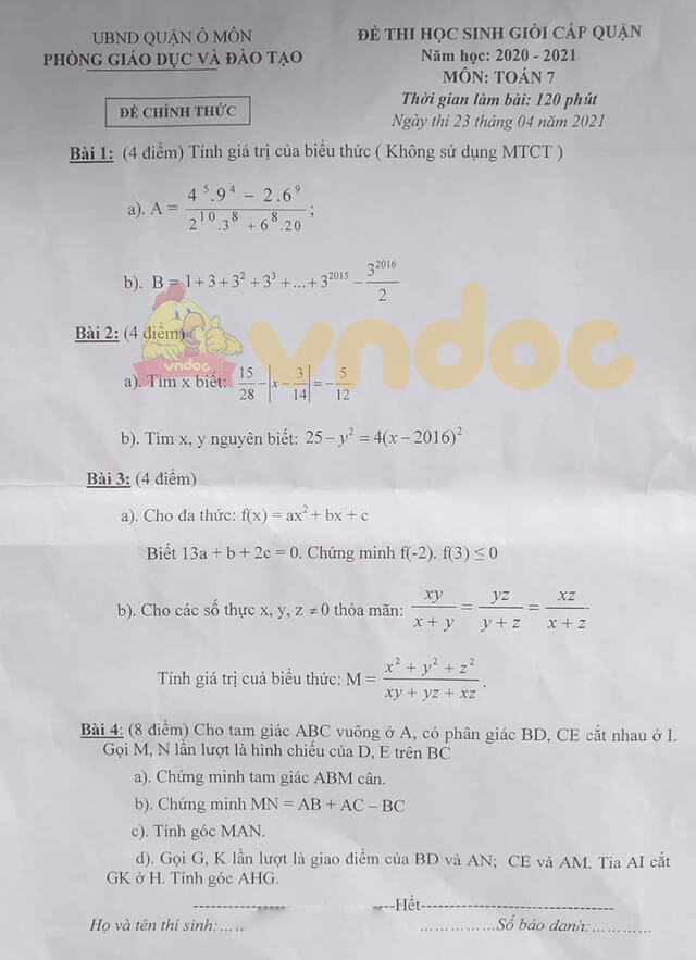 Đề thi học sinh giỏi cấp huyện lớp 7 môn Toán