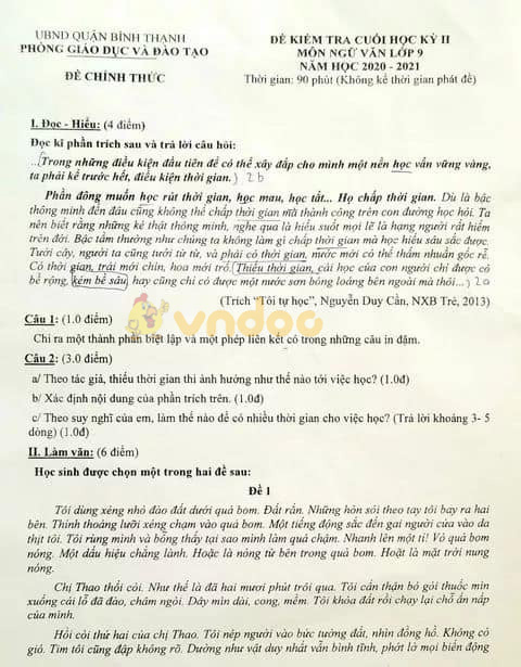 Đề thi học kì 2 lớp 9 môn Văn Phòng GD&ĐT Quận Bình Thạnh năm 2020 - 2021