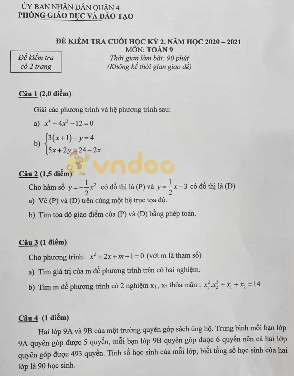 Đề thi học kì 2 Toán 9 Phòng GD&ĐT Quận 4 năm 2020 - 2021
