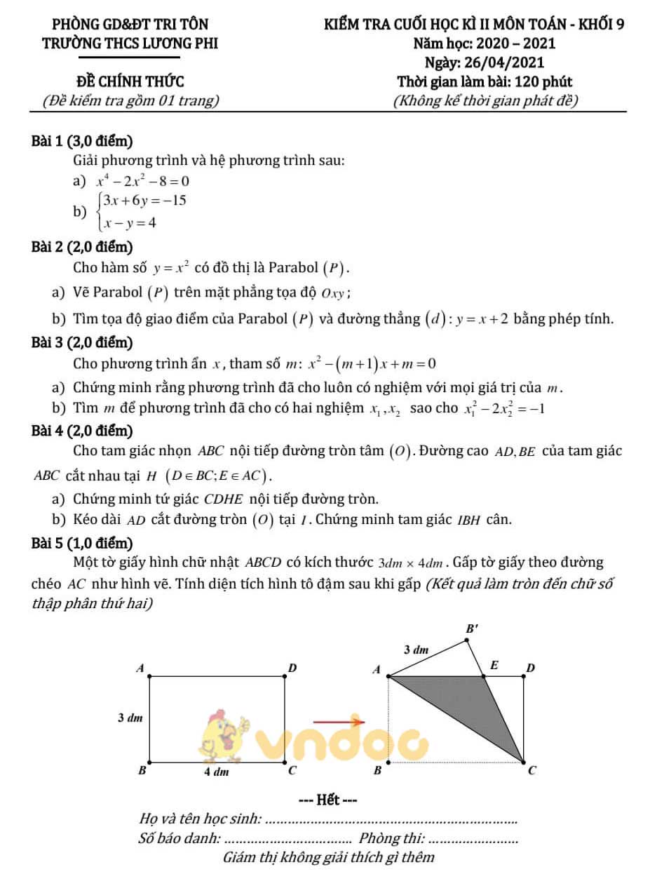 Đề thi học kì 2 Toán 9 Trường THCS Lương Phi, Tri Tôn năm 2020 - 2021
