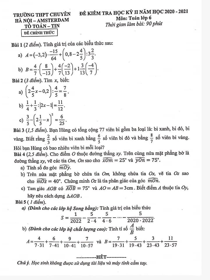 Đề thi học kì 2 lớp 6 môn Toán