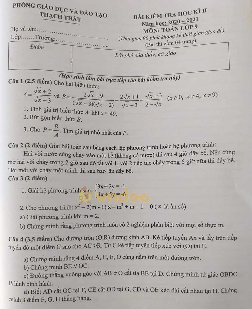 Đề thi học kì 2 Toán 9 phòng GD&ĐT Thạch Thất năm 2020 - 2021