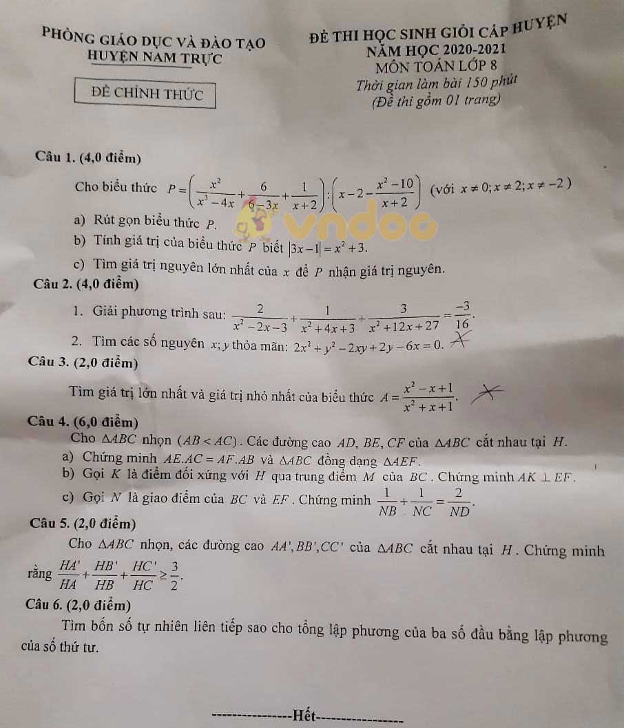 Đề thi học sinh giỏi lớp 8 môn Toán phòng GD&ĐT huyện Nam Trực năm 2020 - 2021