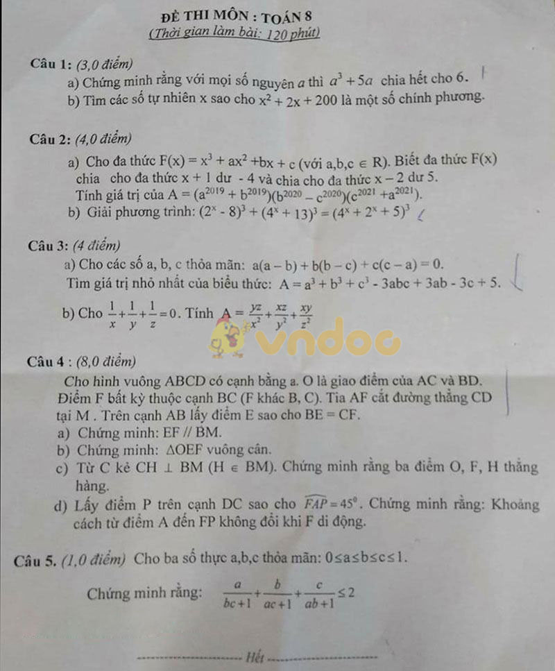 Đề thi học sinh giỏi lớp 8 môn Toán Phòng GD&ĐT huyện Thanh Chương năm 2020 - 2021