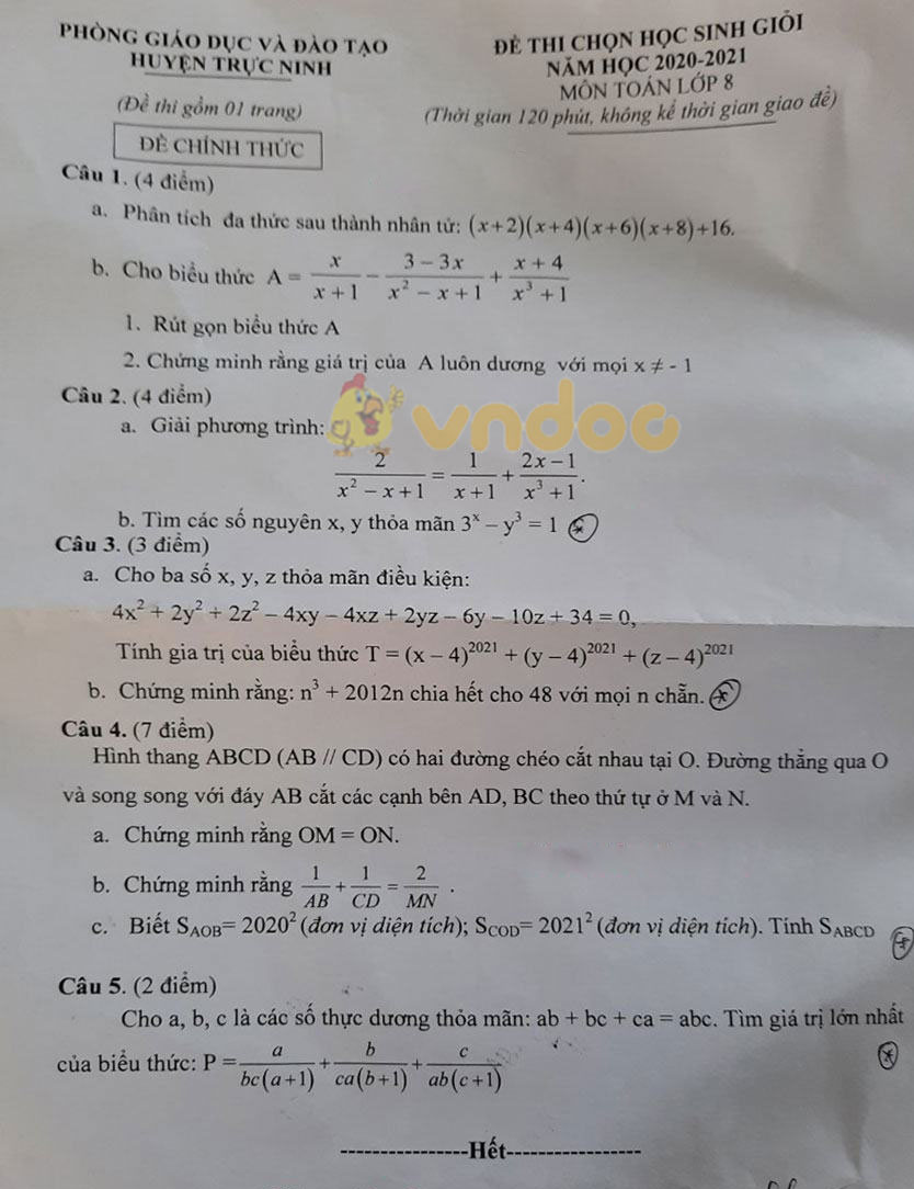 Đề thi học sinh giỏi lớp 8 môn Toán Phòng GD&ĐT huyện Trực Ninh năm 2020 - 2021