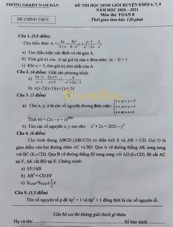 Đề thi học sinh giỏi lớp 8 môn Toán Phòng GD&ĐT Nam Đàn năm 2020 - 2021
