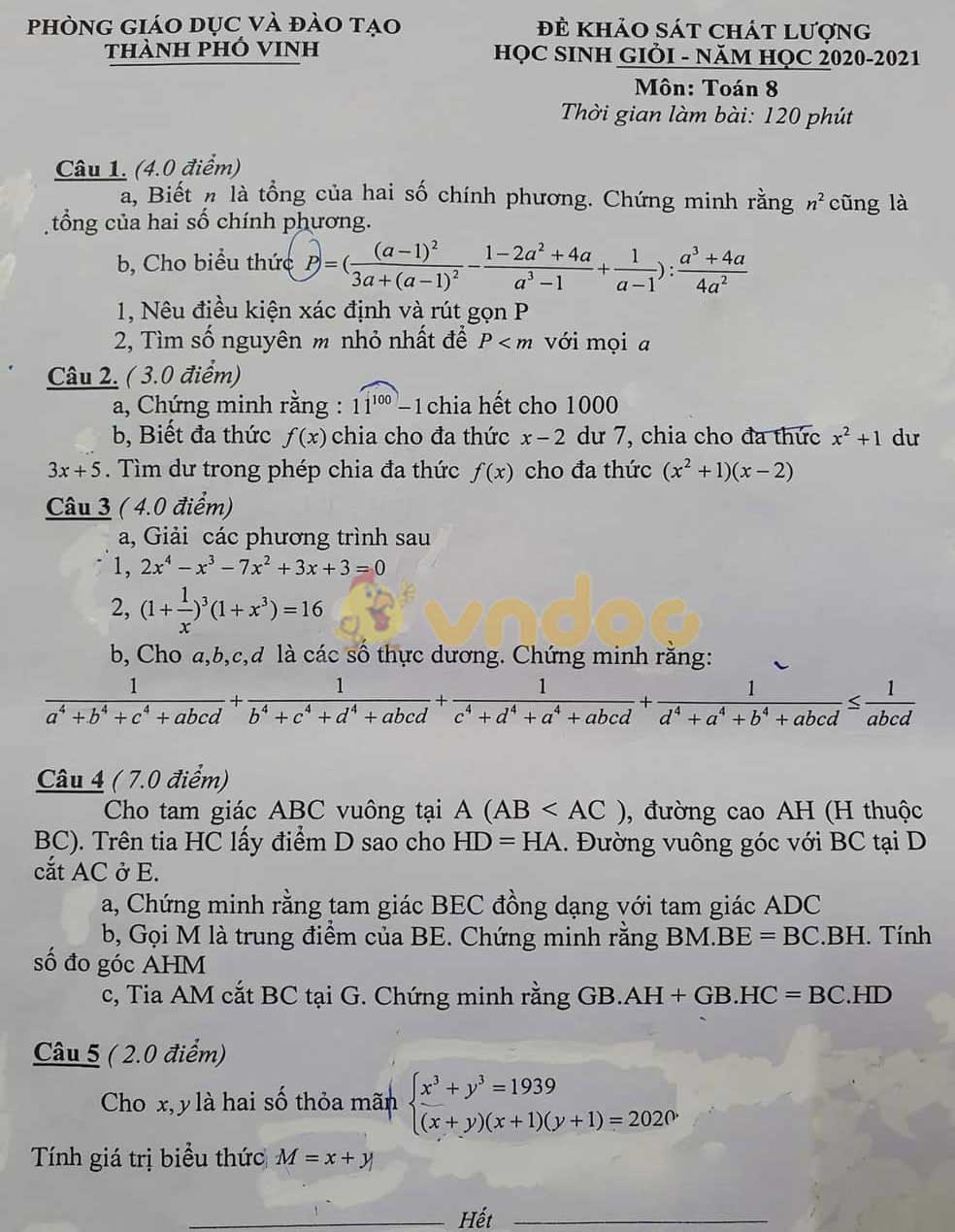 Đề thi học sinh giỏi lớp 8 môn Toán Phòng GD&ĐT Thành phố Vinh năm 2020 - 2021