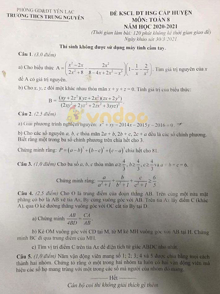 Đề thi học sinh giỏi lớp 8 môn Toán Phòng GD&ĐT Trung Nguyên, Yên Lạc năm 2020 - 2021