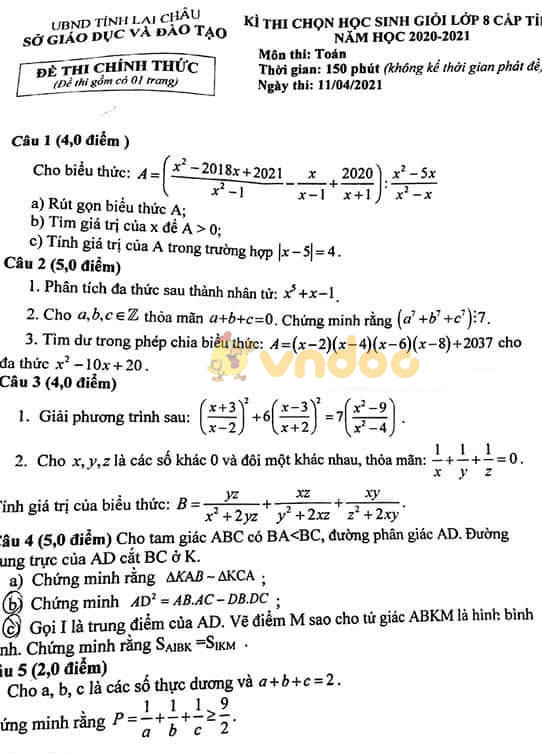 Đề thi học sinh giỏi lớp 8 môn Toán Sở GD&ĐT Lai Châu năm 2020 - 2021