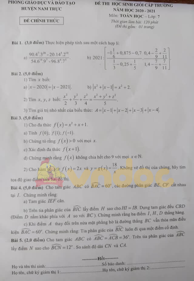 Đề thi học sinh giỏi cấp huyện lớp 7 môn Toán