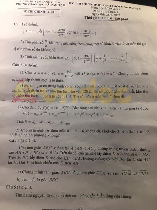 Đề thi học sinh giỏi cấp huyện lớp 7 môn Toán